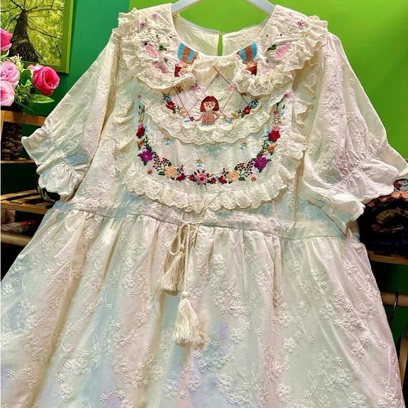 Unbleached Cotton Embroidered Dress, Summer Short Sleeve, Fits 90–160 lbs - Picture 6 of 12